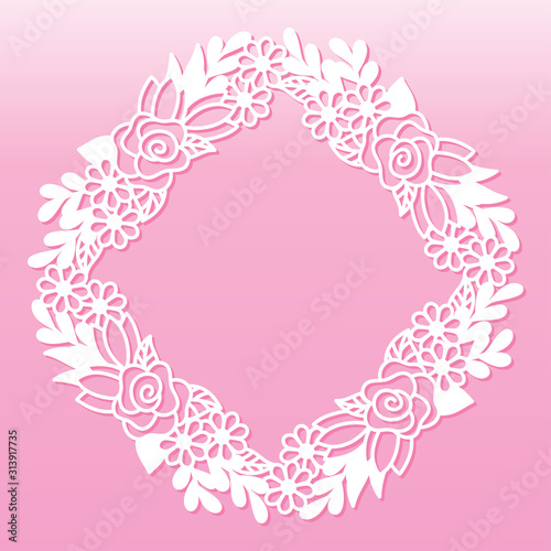 Openwork frame with rose and wildflowers. Laser cutting template suitable for decorations, cards, interior decorative elements.
