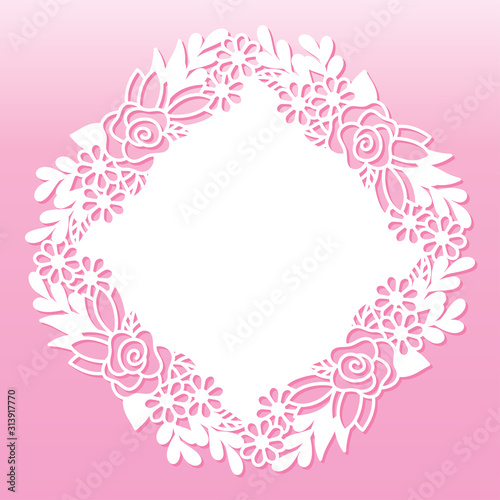Openwork decoration with rose and wildflowers. Laser cutting template suitable for decorations, cards, interior decorative elements.