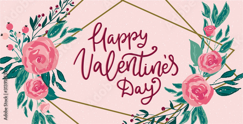 Valentine's Day horizontal banner or header image, sale, greeting card, poster, flyer with vector romantic flower illustration and hand written lettering phrase
