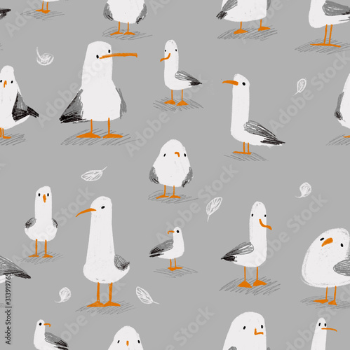Seagulls seamless pattern. Funny birds.
