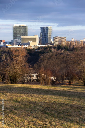 Panoramic view of the Pankrac district with Prague tallest buildings seen from Devin in Prague, Czech Republic photo