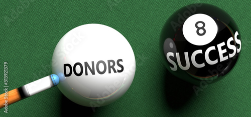 Donors brings success - pictured as word Donors on a pool ball, to symbolize that Donors can initiate success, 3d illustration photo