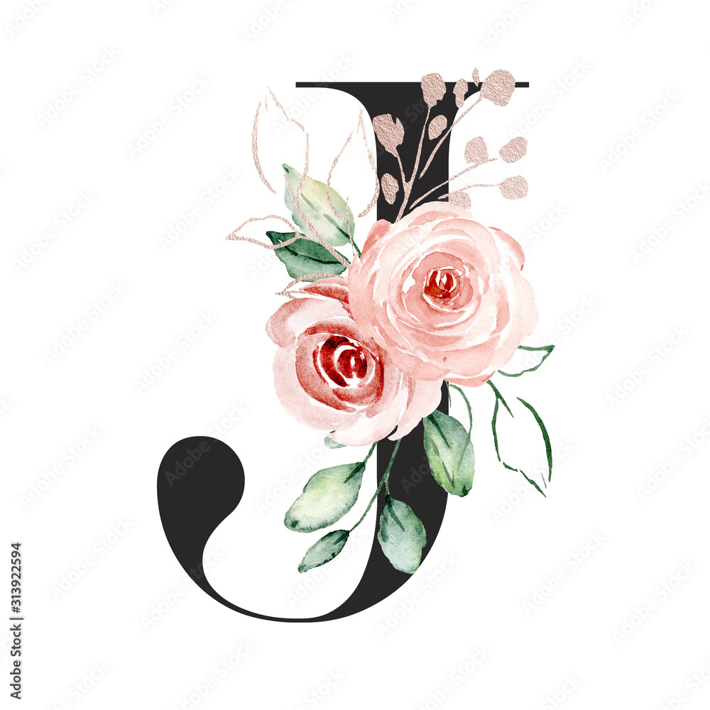 Illustrazione Stock Letter j, alphabet with watercolor flowers ...