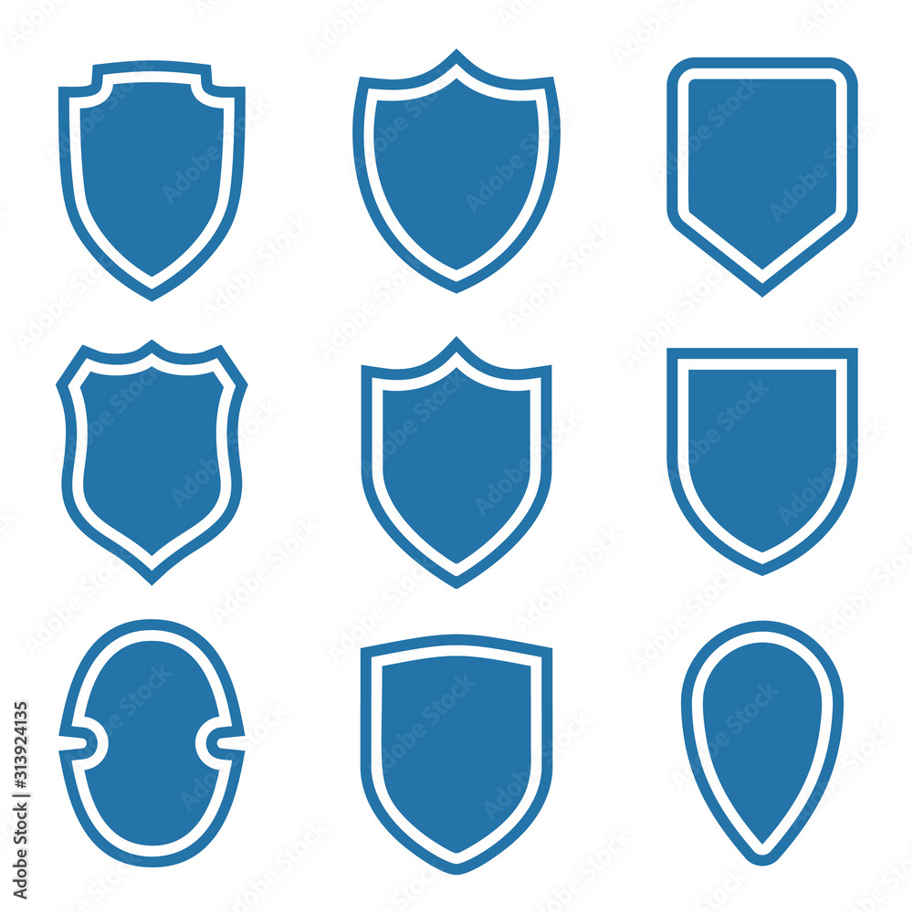 Shield shape icons set. Blue label signs. Symbol of protection, Shield shape icons set. Blue label signs. Symbol of protection,