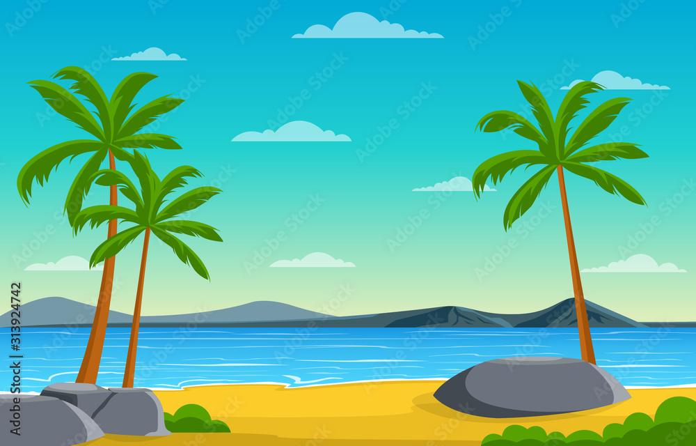 Obraz premium Vacation in Tropical Beach Sea Palm Tree Summer Landscape Illustration