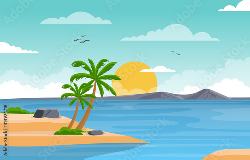 Fototapeta Naklejka Na Ścianę i Meble -  Vacation in Tropical Beach Sea Palm Tree Summer Landscape Illustration