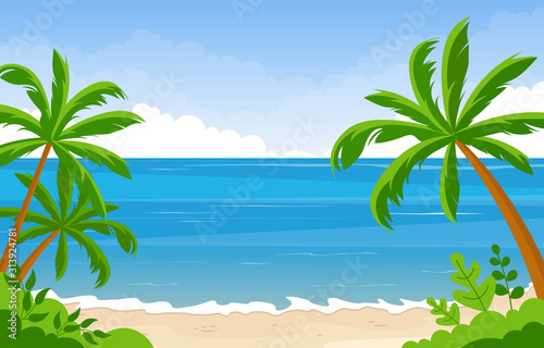 Vacation in Tropical Beach Sea Palm Tree Summer Landscape Illustration © jongjawi