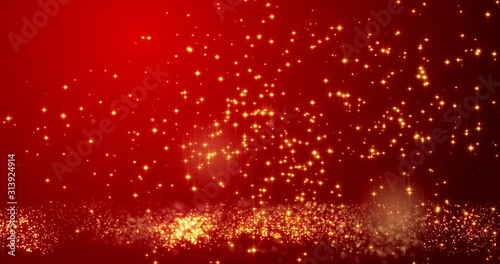 Golden confetti bokeh lights on the red background. 3d illustration