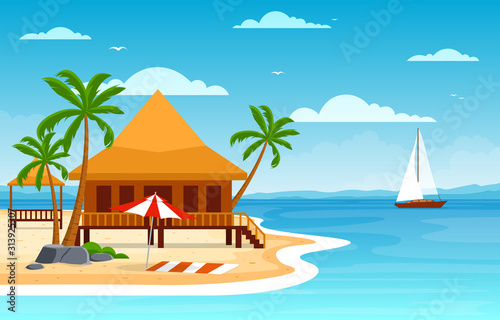 Vacation in Tropical Beach Sea Palm Tree Summer Landscape Illustration © jongjawi