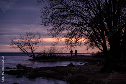 The shore of the Gulf of Finland in winter at sunset in Lakhta, St. Petersburg