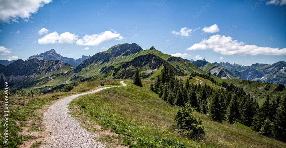 Path leads into the distance with a bench to the mountain peaks in the Tannheim Valley in Austria