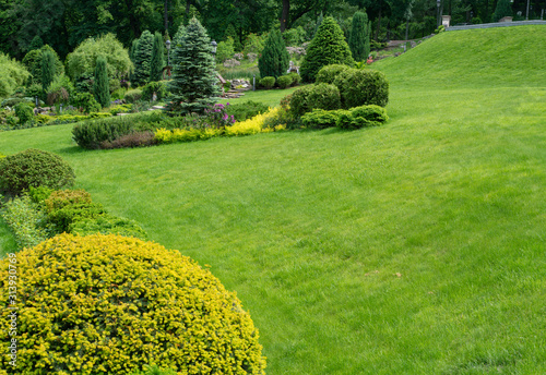 Green lawn, Landscape formal, front yard is beautifully designed garden. Beautiful view of landscaped tropical garden.