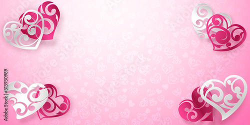 Valentine's day card with red and white hearts with curls and shadows on pink background