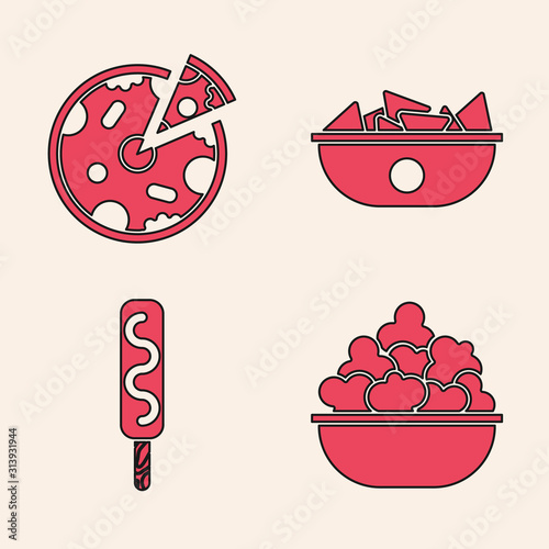 Set Popcorn in bowl, Pizza, Nachos in plate and Ice cream icon. Vector