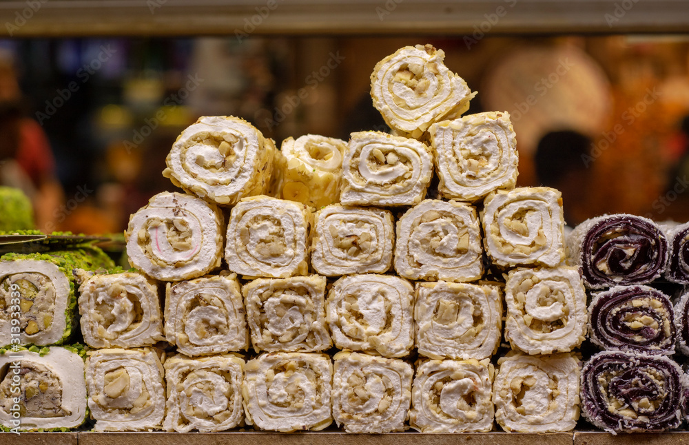 Traditional Turkish delight. There are many kinds of pistachio in it. Traditional Turkish delight. There are many kinds of pistachio in it.