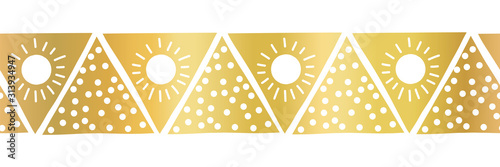 Seamless vector border gold foil triangles. Boho style pattern hand drawn tribal ethnic motifs. Geometric repeating background. Triangle shape repeat tile for elegant banners, cards, party invitations