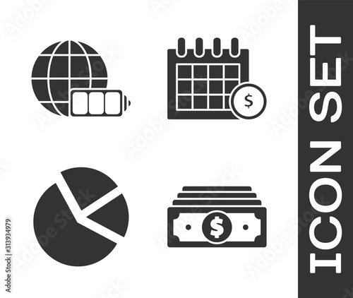 Set Stacks paper money cash, Battery charge level indicator with earth globe, Pie chart infographic and Financial calendar icon. Vector