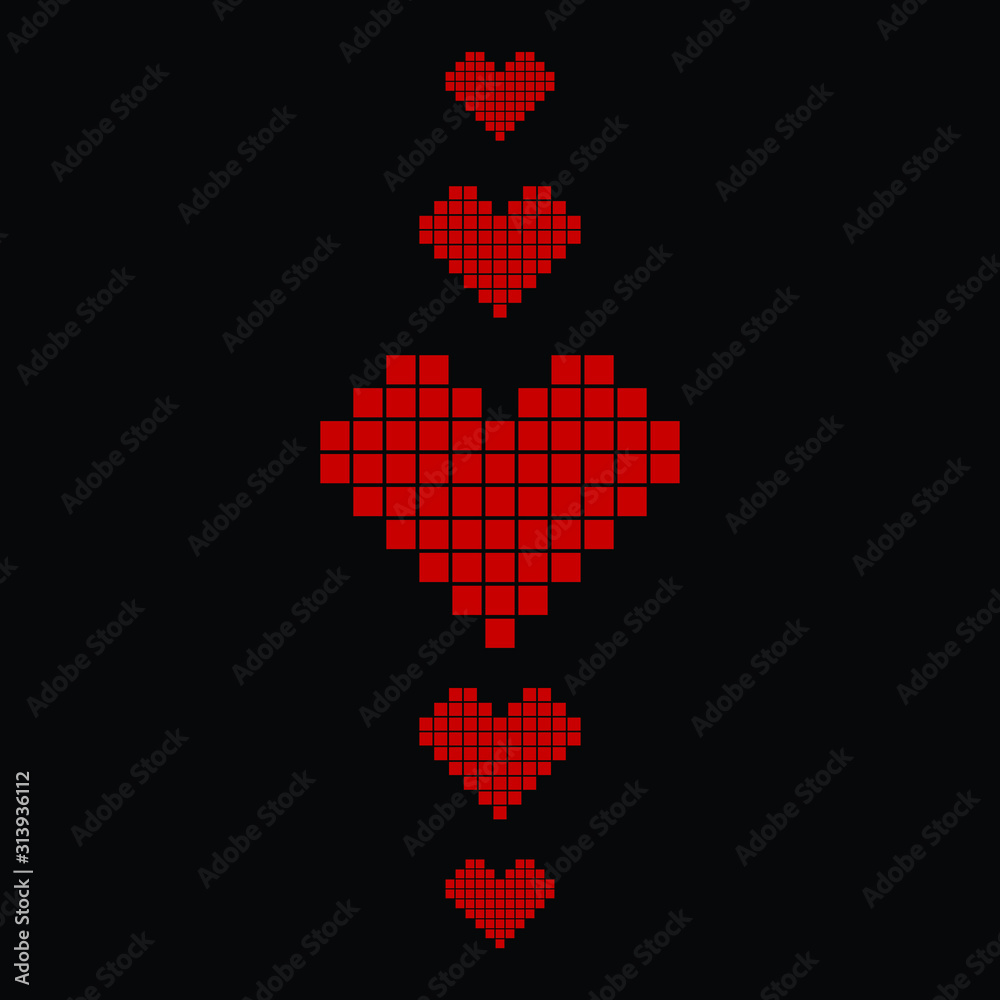 Red pixel heart on a black background. Love card concept. Saint Valentine's Day. Red pixel heart on a black background. Love card concept. Saint Valentine's Day.