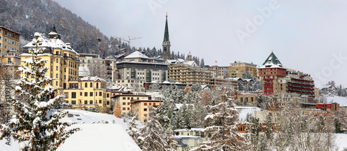 Panoramic view of the high Alpine resort town St. Moritz in winter. Canton of Graubuenden, Switzerland.