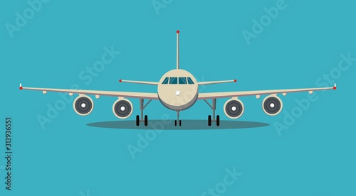 Airplane front view. Passenger or commercial jet isolated on background. Aircrfat in flat style. Vector illustration