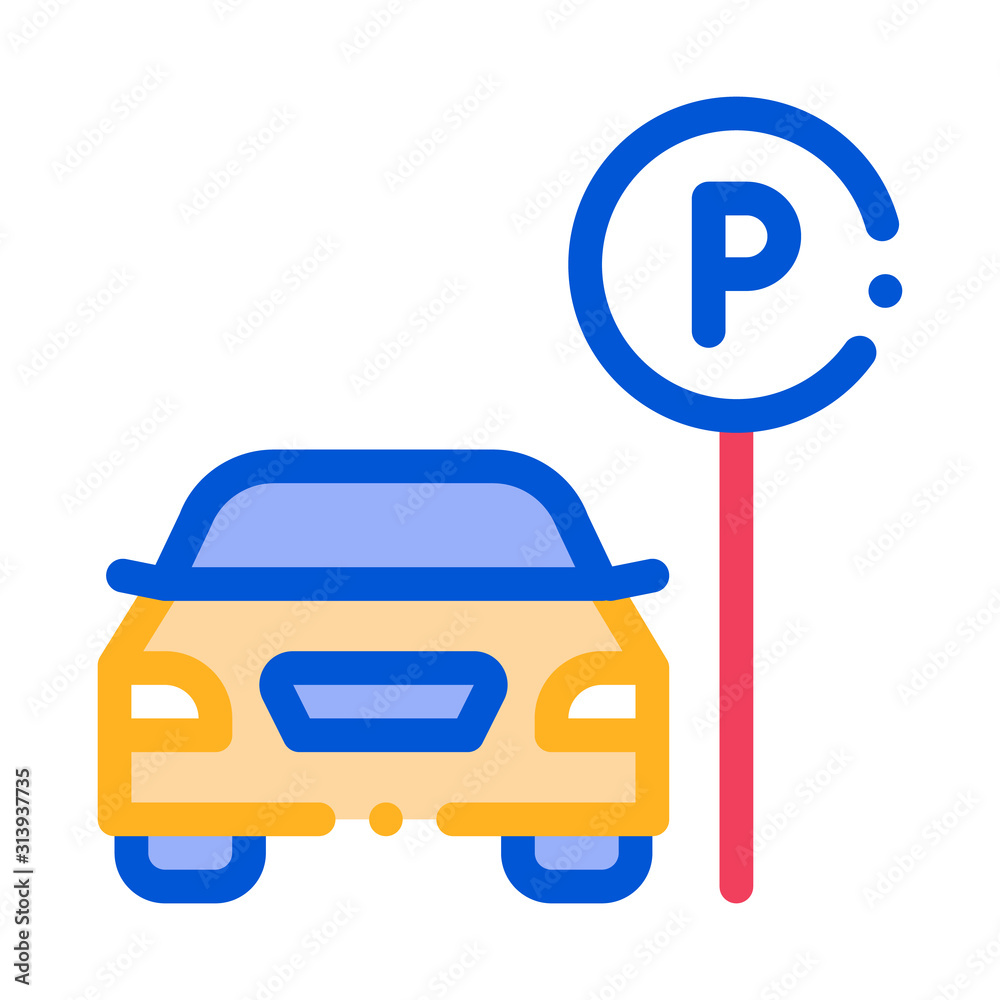 Car near Parking Sign Icon Vector. Outline Parking Sign. Isolated Contour Symbol Illustration Car near Parking Sign Icon Vector. Outline Parking Sign. Isolated Contour Symbol Illustration