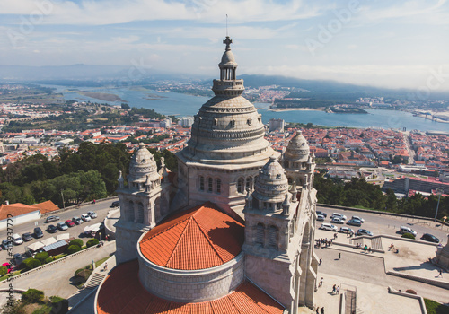 Aerial view of Viana do Castelo, Norte Region, Portugal, with Basilica Santa Luzia Church, shot from drone