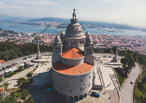 Aerial view of Viana do Castelo, Norte Region, Portugal, with Basilica Santa Luzia Church, shot from drone