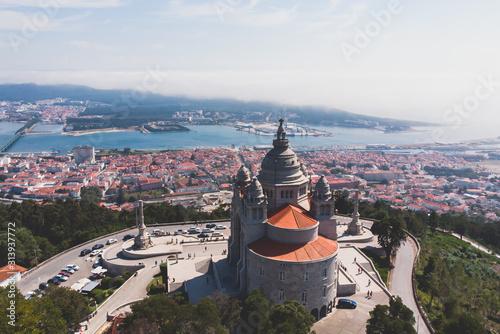 Aerial view of Viana do Castelo, Norte Region, Portugal, with Basilica Santa Luzia Church, shot from drone