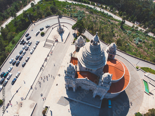 Aerial view of Viana do Castelo, Norte Region, Portugal, with Basilica Santa Luzia Church, shot from drone
