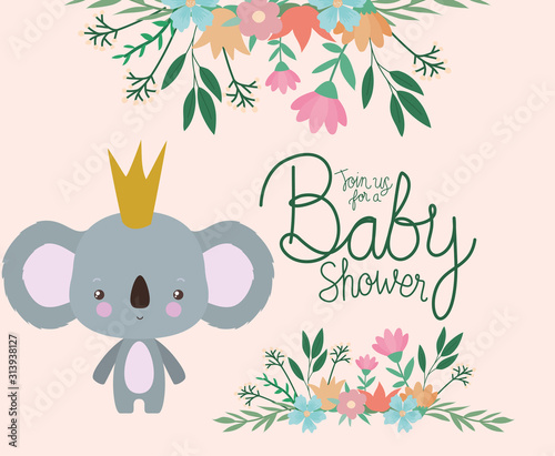 Baby shower invitation with koala cartoon vector design