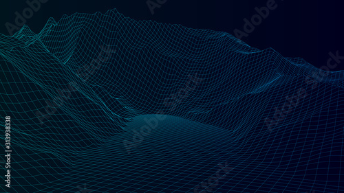 Vector gradient wireframe 3d landscape. Technology grid illustration. Network of connected dots and lines.