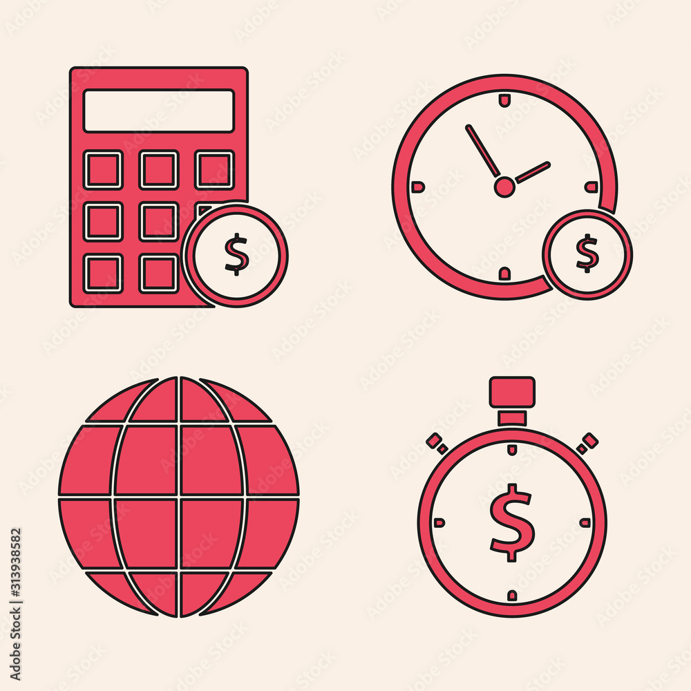 Set Time is money, Calculator with dollar symbol, Time is money and Earth  globe icon. Vector Stock Vector | Adobe Stock