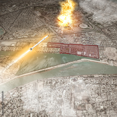 Rocket attack hits near Us embassy in Baghdad's green zone. Alarm in the Middle East tension between Iran and the United States. Aerial view. 3d render