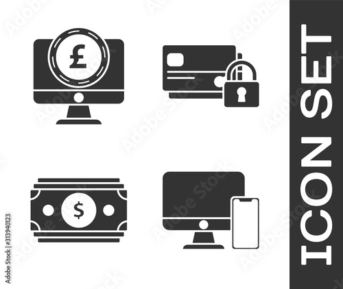 Set American football helmet and shield, Computer monitor with pound sterling symbol, Stacks paper money cash and Credit card with lock icon. Vector