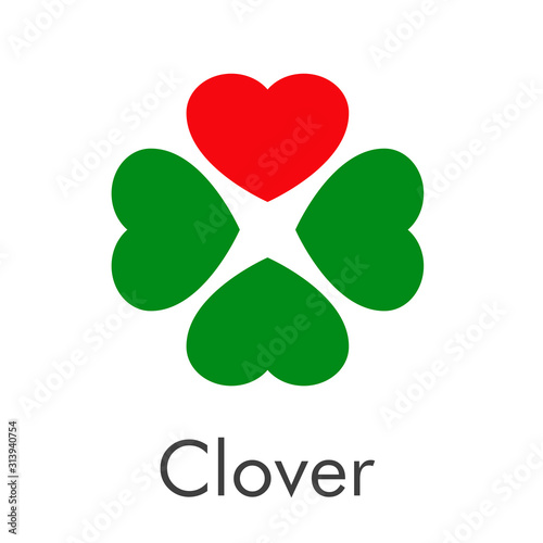 Logotipo abstracto con texto Clover con trébol de 4 hojas en color verde y corazón en color rojo
