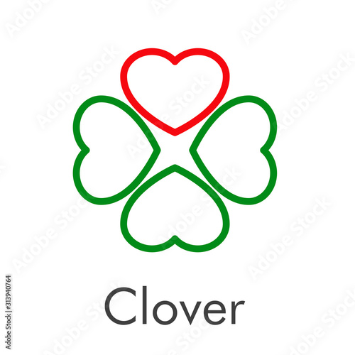 Logotipo abstracto con texto Clover con trébol lineal de 4 hojas en color verde y corazón en color rojo