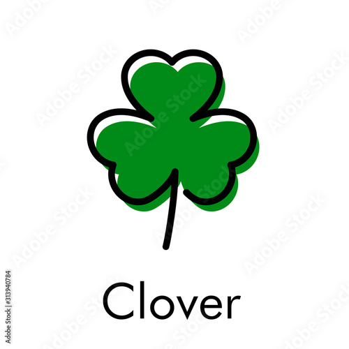 Logotipo abstracto con texto Clover con trébol lineal de 3 hojas con relleno en color verde