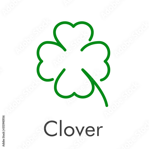 Logotipo abstracto con texto Clover con trébol lineal de 4 hojas en color verde