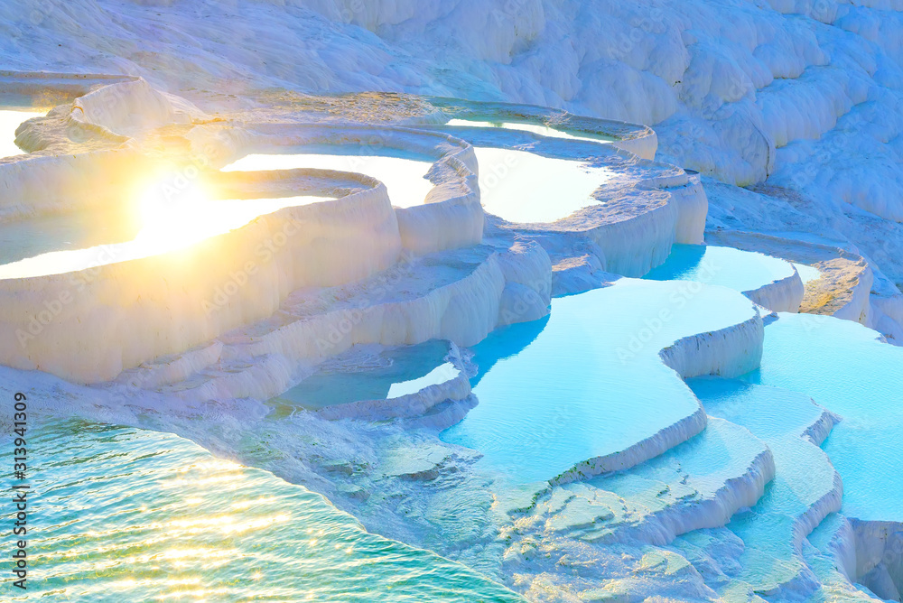 Thermal springs located on white limestone terraces, natural baths Pamukkale, Denizli province, Turkey