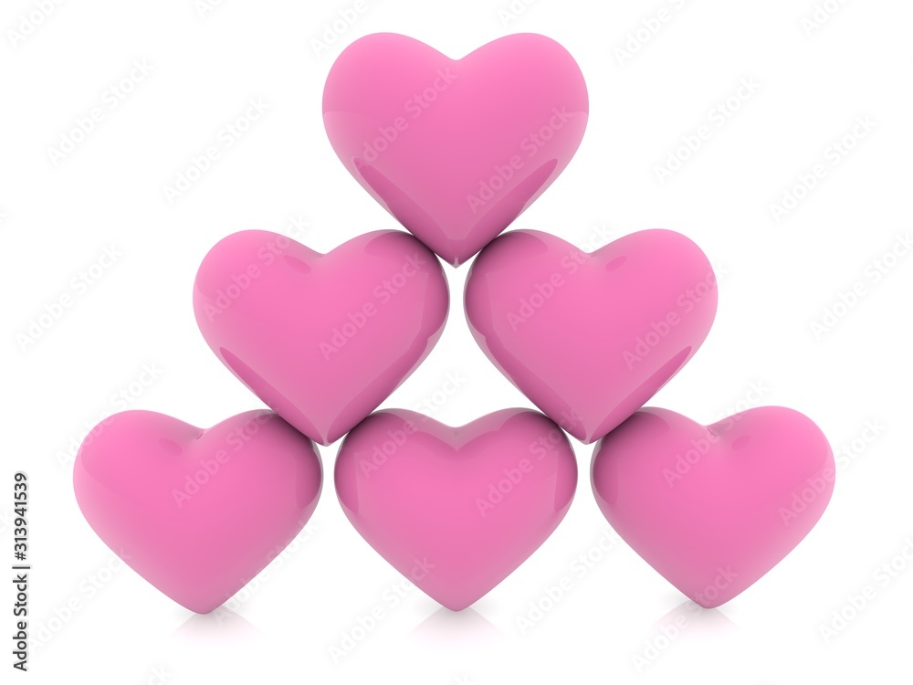 Pyramid of pink hearts on a white background