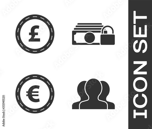 Set Users group, Coin money with pound sterling symbol, Coin money with euro symbol and Money with lock icon. Vector