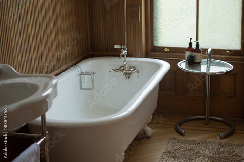 Canvas Print High angle view of empty bathtub in bathroom at home