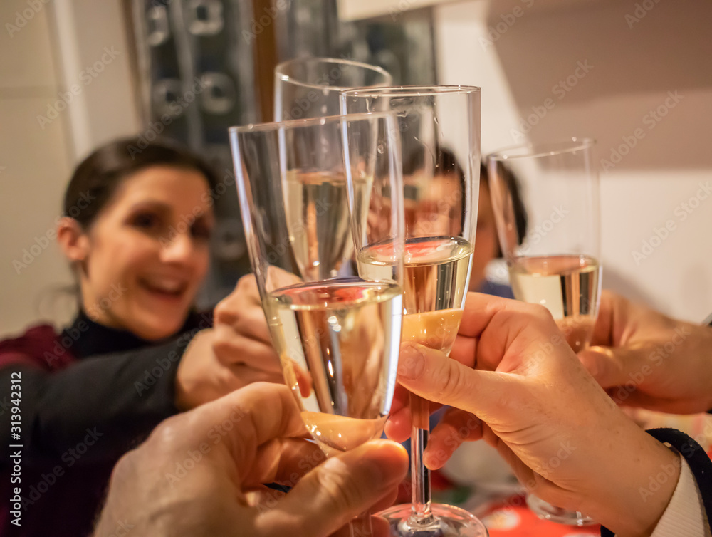 People having fun together toasting drinks in the home kitchen. Happy and smiling woman toasts with flute of sparkling wine (champagne). Focus on central glass. Friendship, love and family concept.