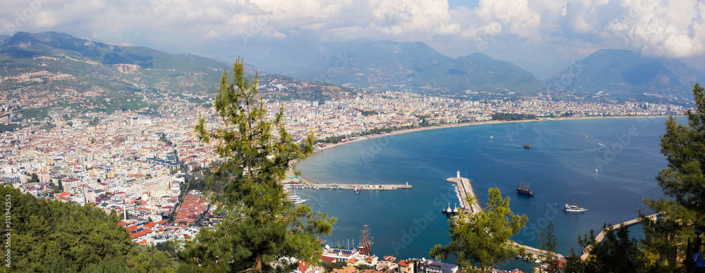Beautiful panorama to Alanya, view on the harbour and mountains, Turkey