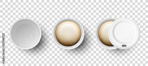 Vector 3d Realistic Disposable Opened and Closed Paper, Plastic Coffee, Tea Cup for Drinks with Plastic Lid Icon Set Closeup Isolated on Transparent Background. Design Template, Mockup. Top View