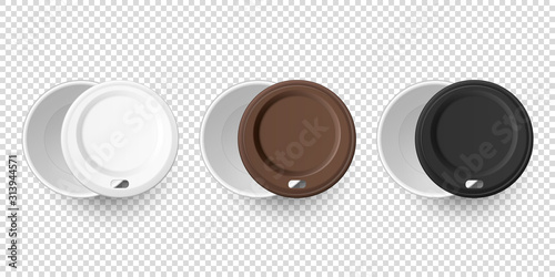 Vector 3d Realistic Disposable Empty Paper Coffee, Tea Cup for Drinks with Plastic White, Brown and Black Lid Icon Set Closeup Isolated on Transparent Background. Design Template, Mockup. Top View