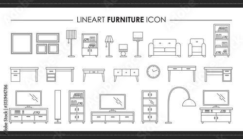 Set living room furniture and hand drawn line icons. Outline illustration of interior architecture vector for web design