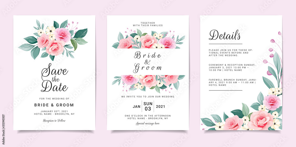 Set of card with flowers. Invitation template set with floral frame and bouquet. Roses and leaves botanic illustration for wedding card, background, save the date, greeting, poster, cover vector