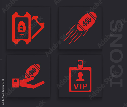 Set VIP badge, American Football ticket, American Football ball and American Football ball on hand icon. Vector