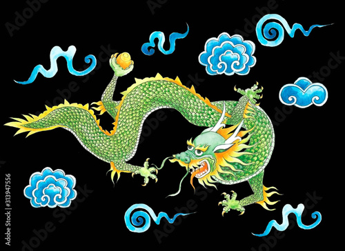 Dragon bright illustration. Dragon flying in the clouds. Illustration with black background.